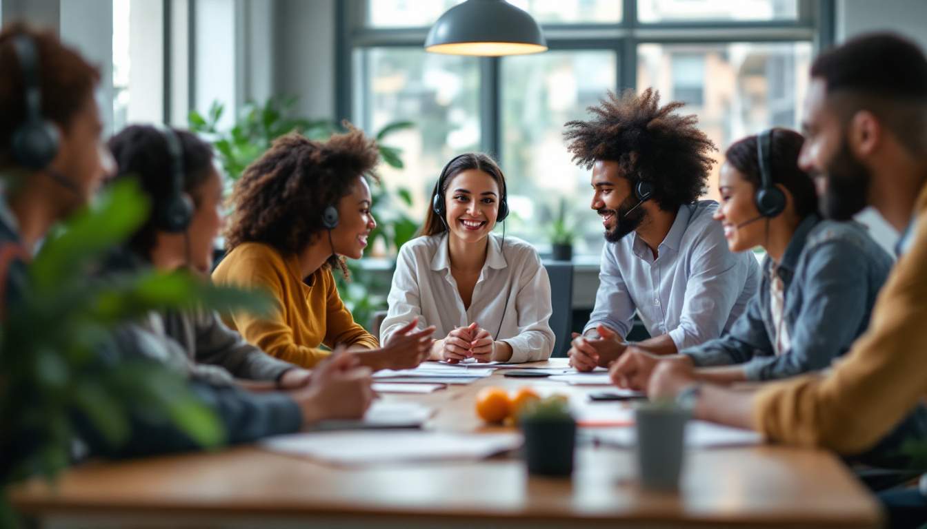 a photograph of a diverse group of customer support agents engaged in a collaborative team meeting, showcasing a positive and supportive work environment that emphasizes teamwork and employee well-being, photographic, realistic, for a startup's blog, low saturation, life-like realistic soft lighting 4k sigma 50mm f2.8
